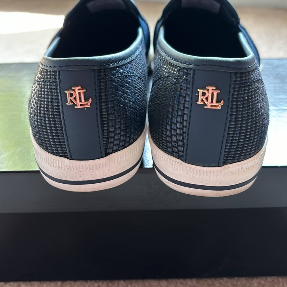 Ralph Lauren Navy Strip Texture Faux Straw Sneakers. - Picture 5 of 7